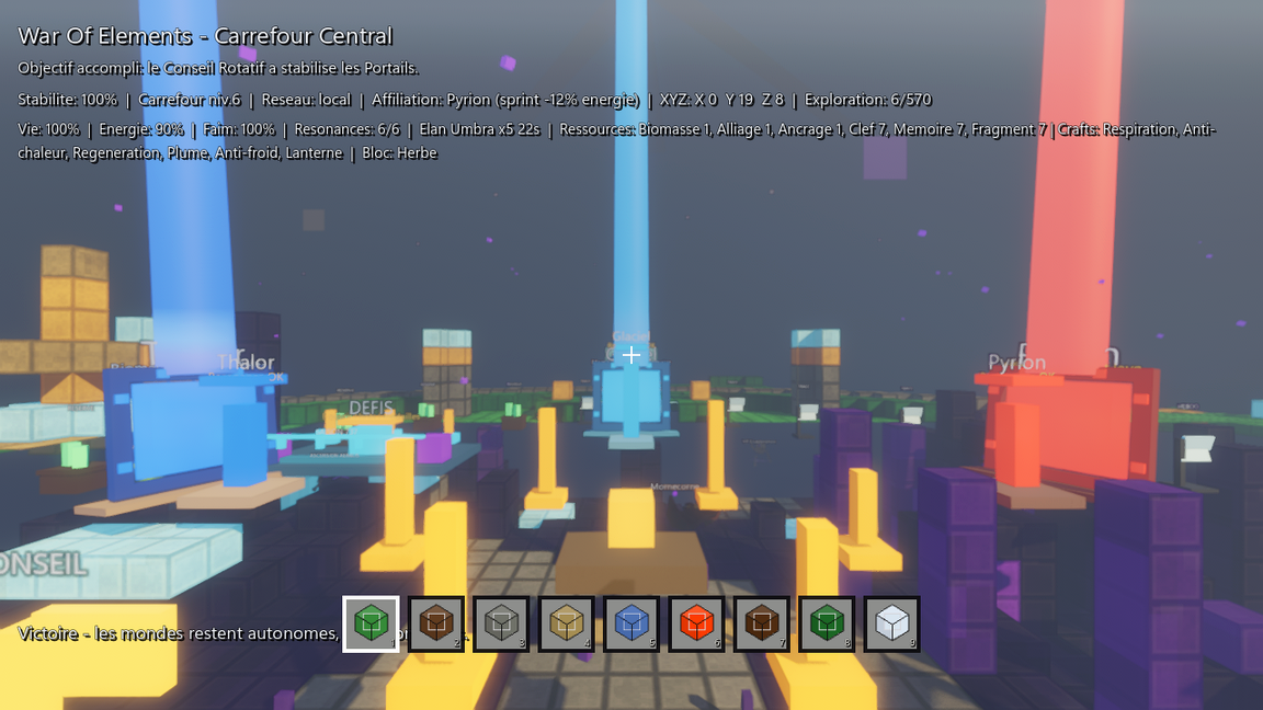 Capture du hub central de War Of Elements avec les portails elementaires